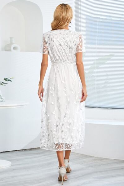 swvws Sequin Leaf Embroidery Tie Front Short Sleeve Dress