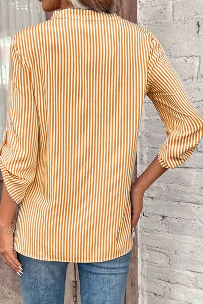 swvws Striped Notched Roll-Tab Sleeve Shirt