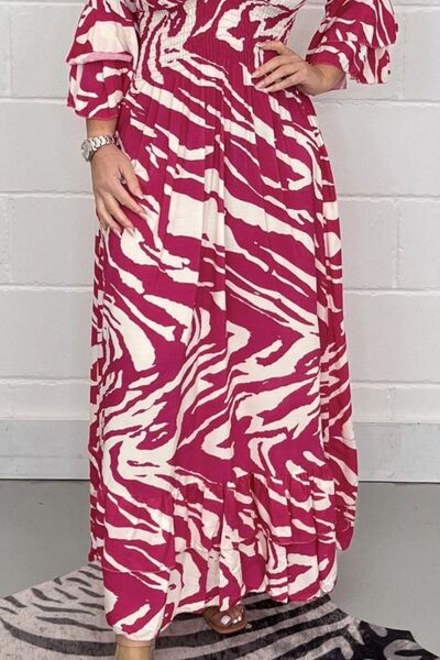 swvws Smocked Printed Flounce Sleeve Maxi Dress