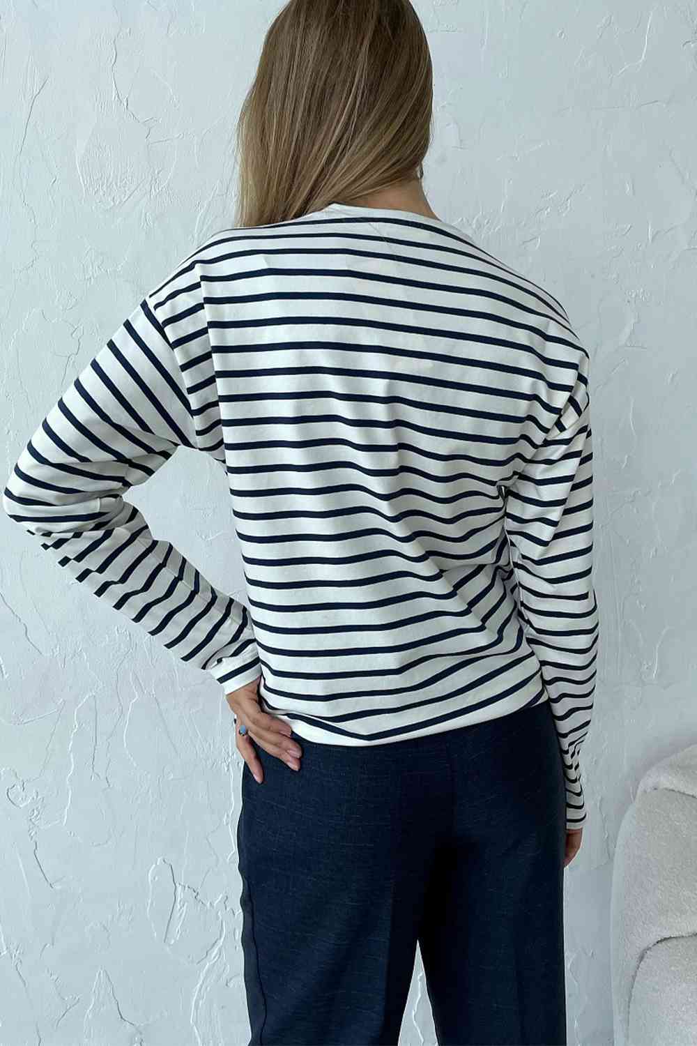 swvws Round Neck Striped Dropped Shoulder T-Shirt