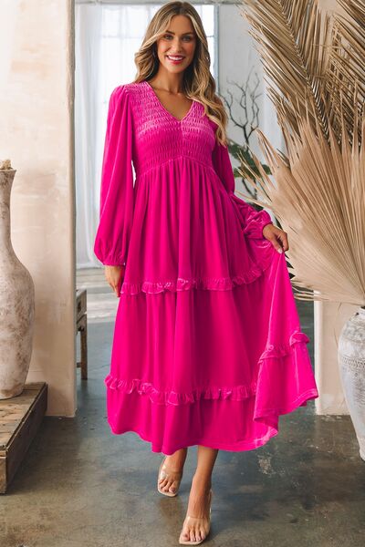 swvws Frill V-Neck Balloon Sleeve Tiered Dress