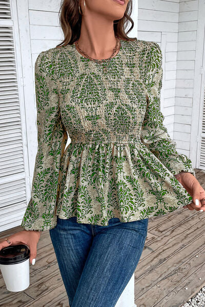 swvws Smocked Printed Balloon Sleeve Blouse