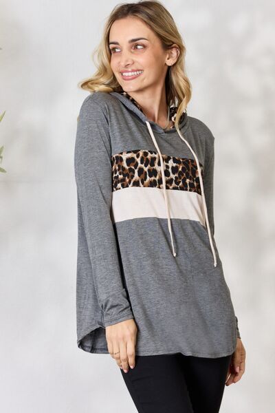 swvws BiBi Leopard Color Block Drawstring Hoodie