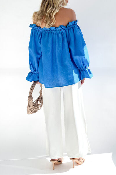 swvws Drawstring Off-Shoulder Flounce Sleeve Blouse