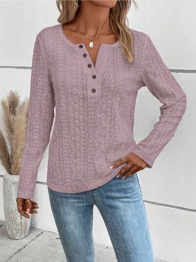 swvws Openwork Half Button Long Sleeve Blouse