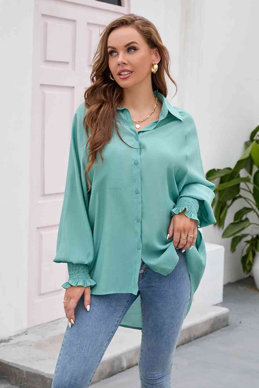 swvws High-Low Collared Neck Lantern Sleeve Shirt