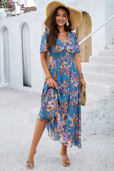 swvws Smocked Floral V-Neck Short Sleeve Dress