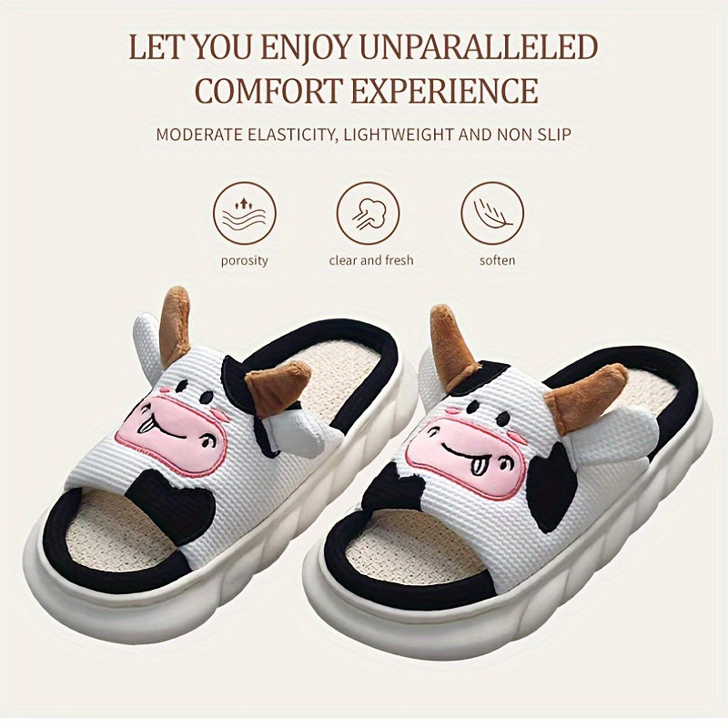 Cute Cartoon Cow Design Slippers, Casual Open Toe Linen Sole Shoes, Comfortable Indoor Home Slippers for fall