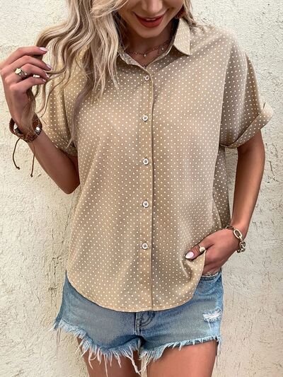 swvws Polka Dot Button Up Short Sleeve Blouse