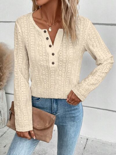 swvws Openwork Half Button Long Sleeve Blouse