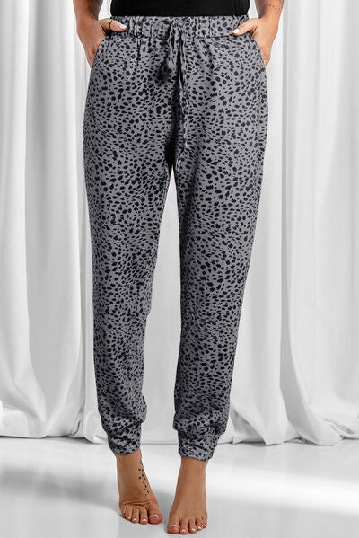 swvws Full Size Leopard Drawstring Pocketed Pants