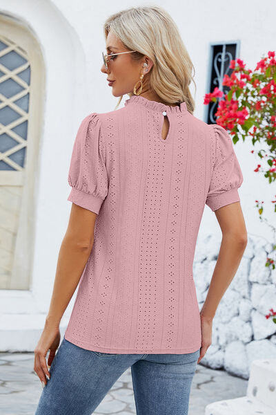 swvws Frill Mock Neck Short Sleeve Eyelet Blouse