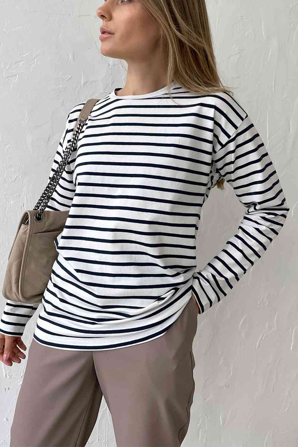 swvws Round Neck Striped Dropped Shoulder T-Shirt