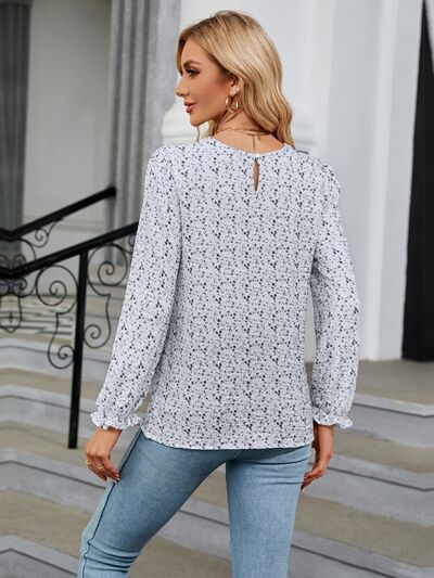 swvws Printed Round Neck Flounce Sleeve Blouse