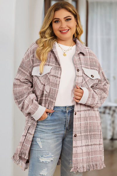 swvws Plus Size Plaid Button Up Dropped Shoulder Outerwear