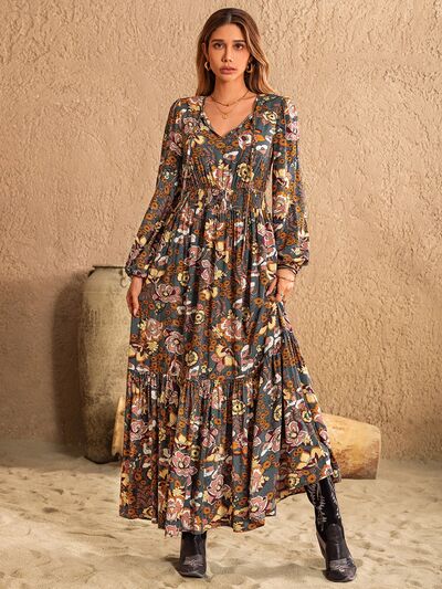 swvws Printed Tie Neck Balloon Sleeve Dress