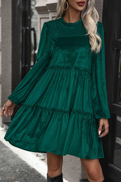 swvws Smocked Balloon Sleeve Frill Trim Tiered Dress