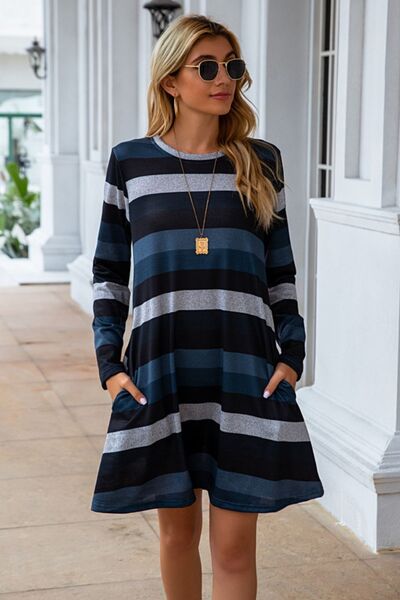 swvws Striped Round Neck Long Sleeve Dress