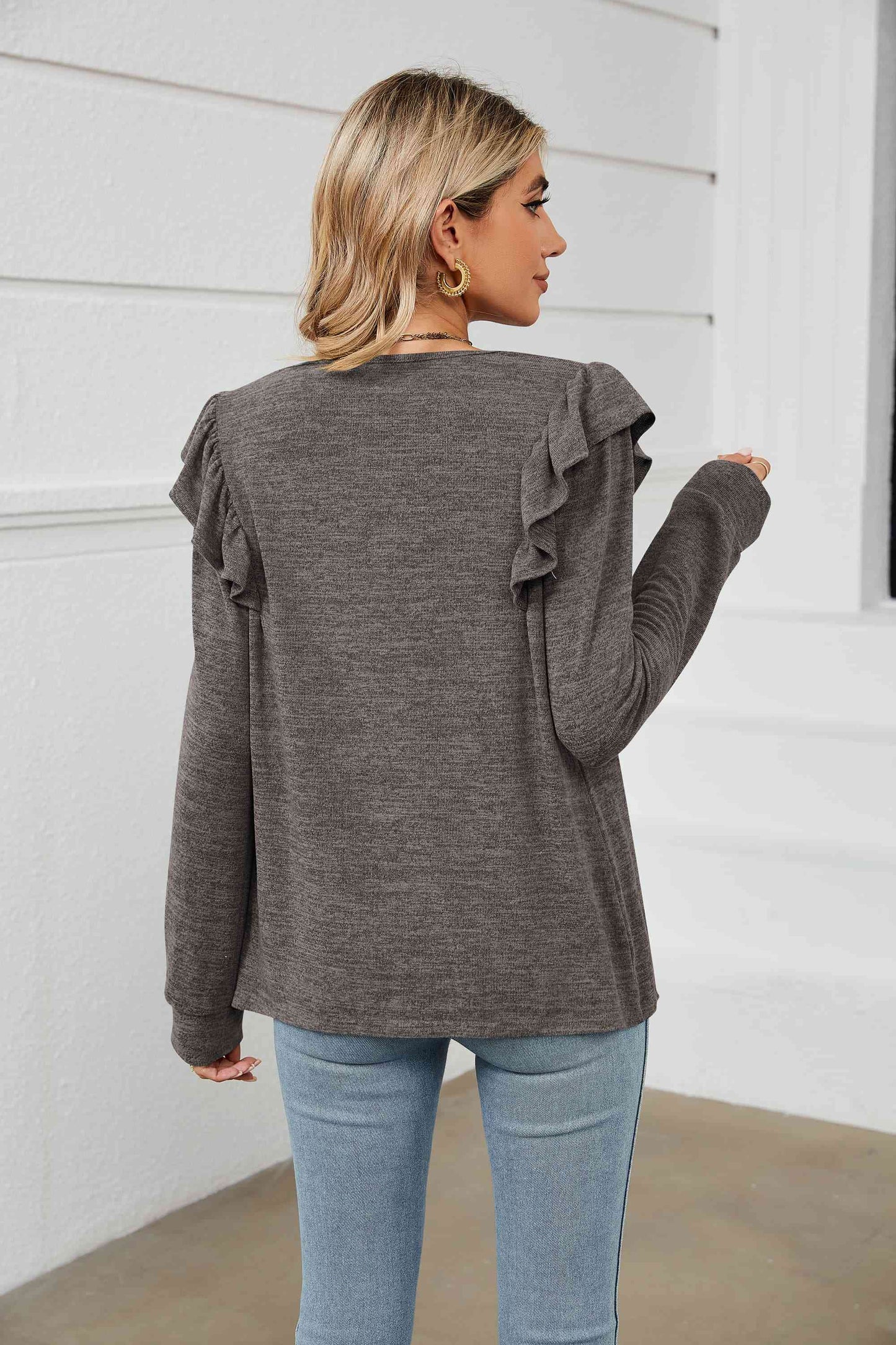 swvws Square Neck Ruffle Shoulder Long Sleeve T-Shirt