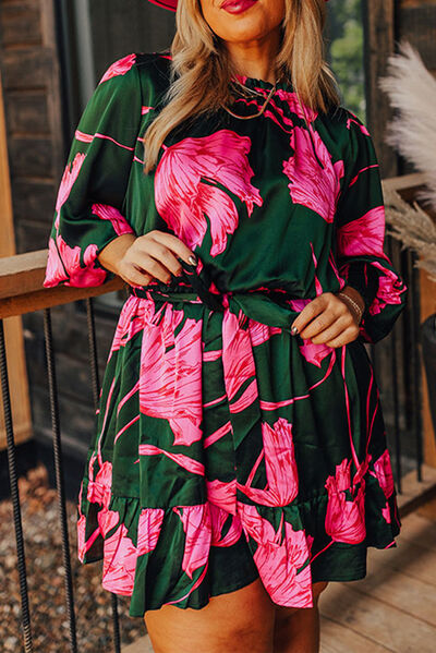 swvws Plus Size Printed Lantern Sleeve Ruffle Hem Dress