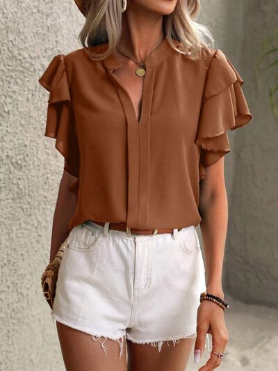 swvws Ruffled Notched Short Sleeve Blouse