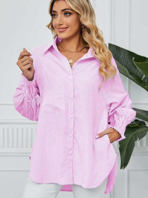 swvws Striped Button Up Smocked Long Sleeve Shirt