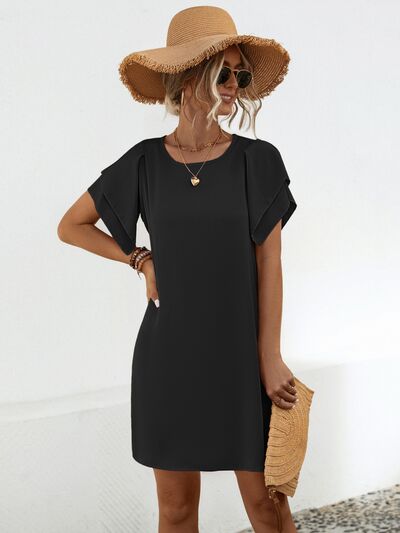 swvws Round Neck Flutter Sleeve Mini Dress