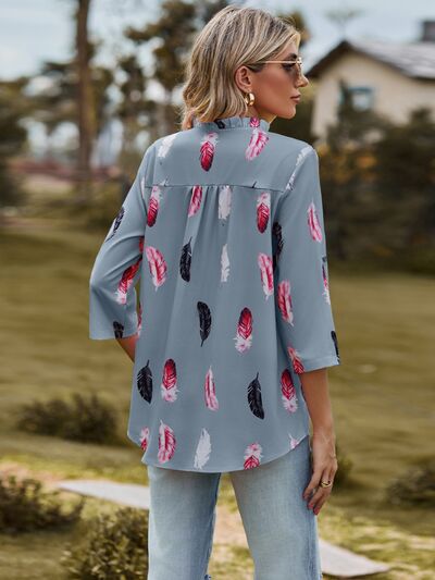 swvws Printed Frill Notched Roll-Tab Sleeve Blouse