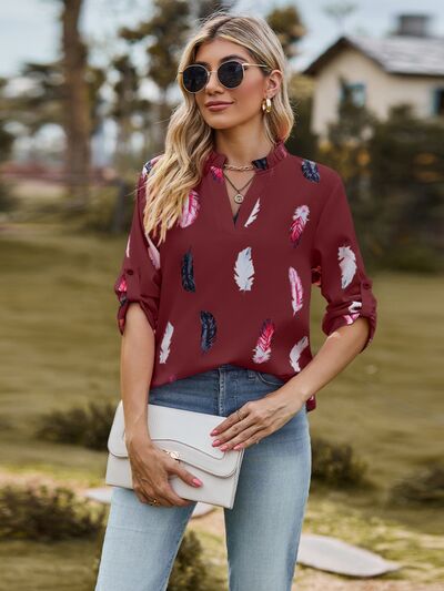 swvws Printed Frill Notched Roll-Tab Sleeve Blouse