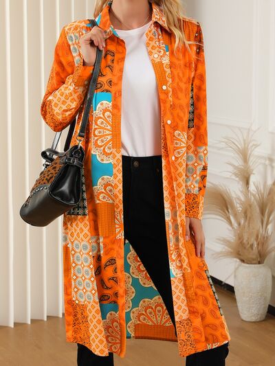 swvws Printed Button Up Long Sleeve Shirt Dress