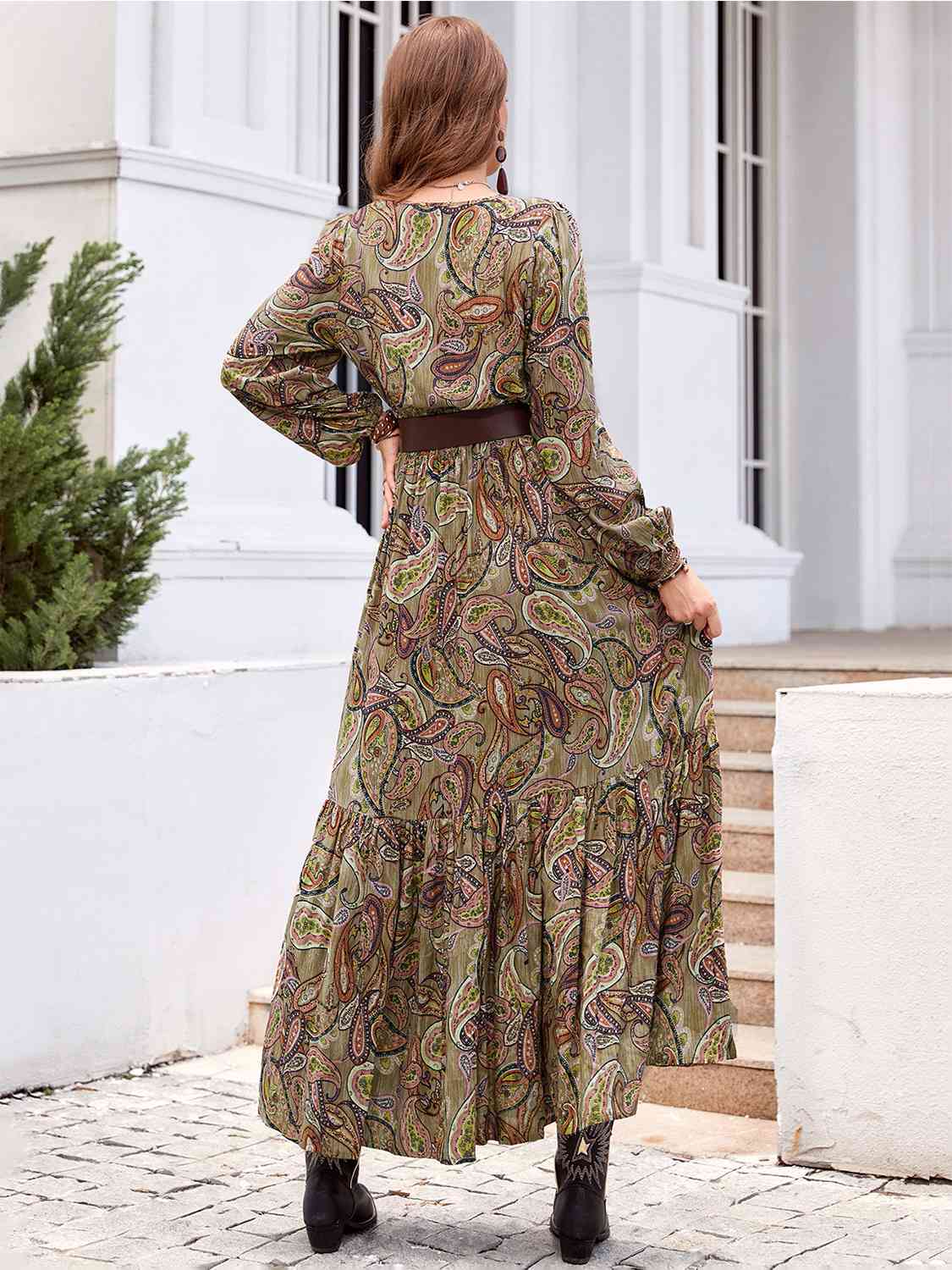 swvws Printed Tie Neck Ruffle Hem Long Sleeve Dress