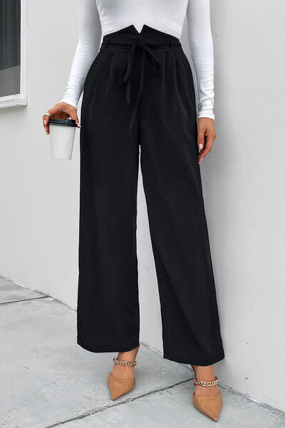 swvws High Waist Ruched Tie Front Wide Leg Pants