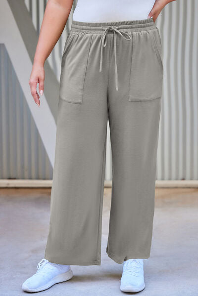 swvws Plus Size Drawstring Straight Pants with Pockets