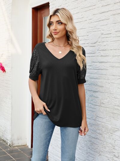 swvws Sequin V-Neck Short Sleeve Blouse