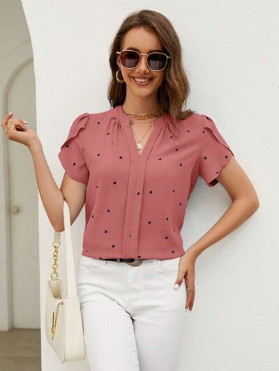 swvws Heart Print Notched Petal Sleeve Blouse