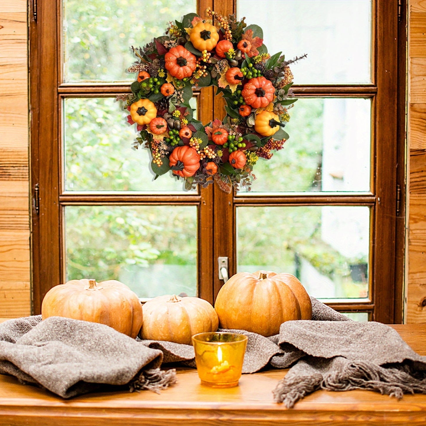 17.7in Fall Wreaths for Front Door with Berry Pumpkin Maple Leaves Autumn Wreath