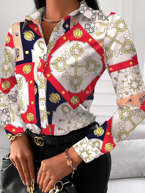 swvws Printed Collared Neck Long Sleeve Shirt