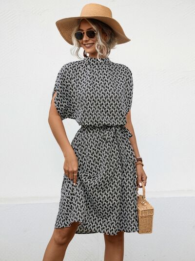 swvws Tied Printed Mock Neck Short Sleeve Dress