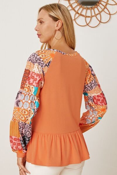 swvws Printed Round Neck Peplum Blouse