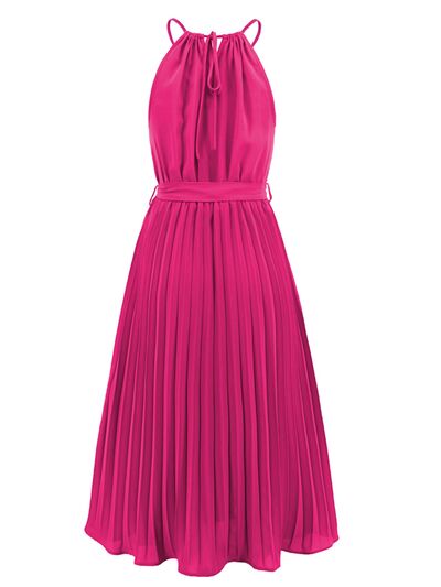 swvws Pleated Spaghetti Strap Tie Waist Midi Dress