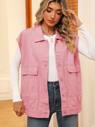 swvws Pocketed Button Up Sleeveless Denim Jacket