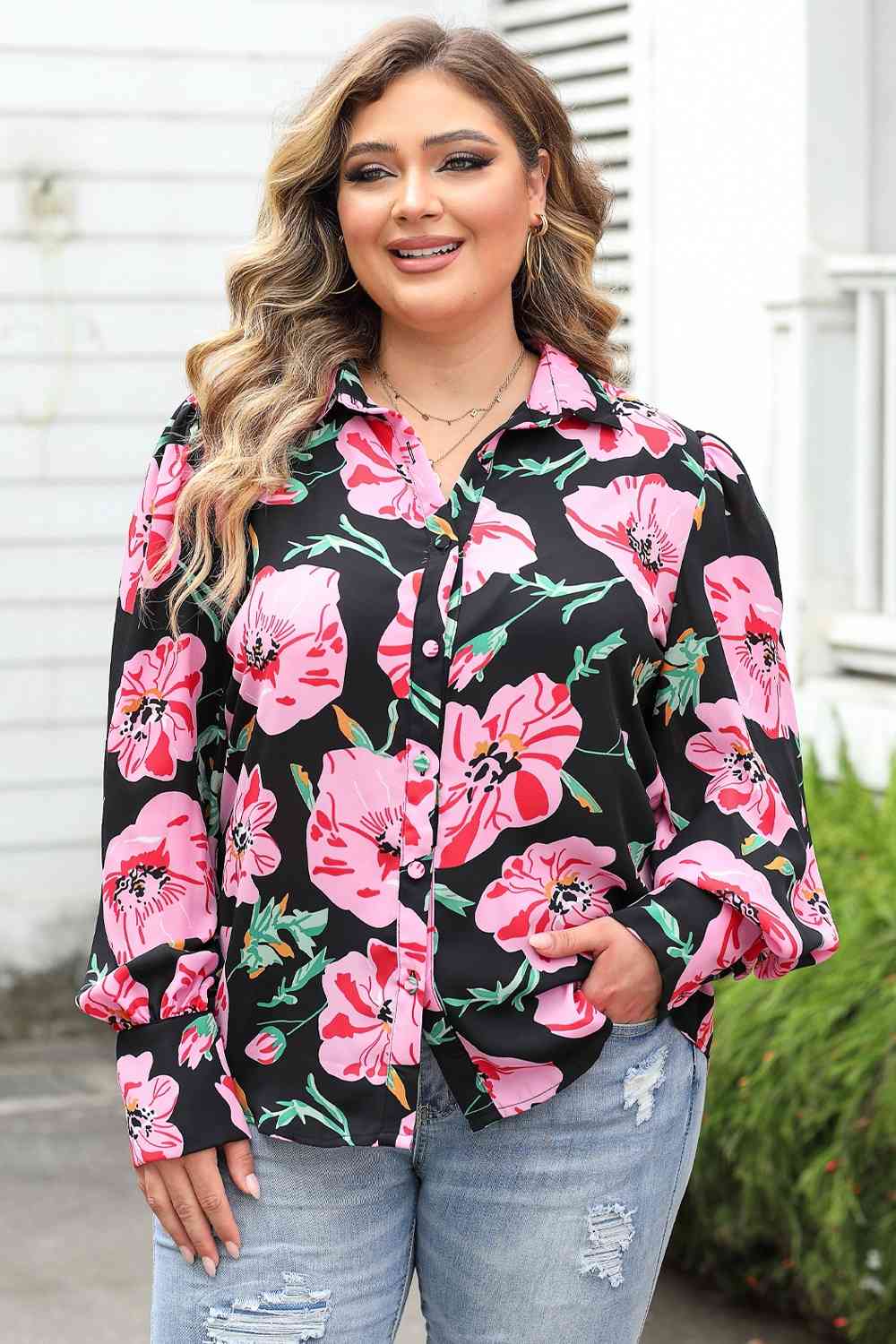 swvws Plus Size Printed Collared Neck Long Sleeve Shirt