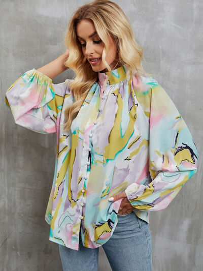 swvws Printed Mock Neck Balloon Sleeve Shirt