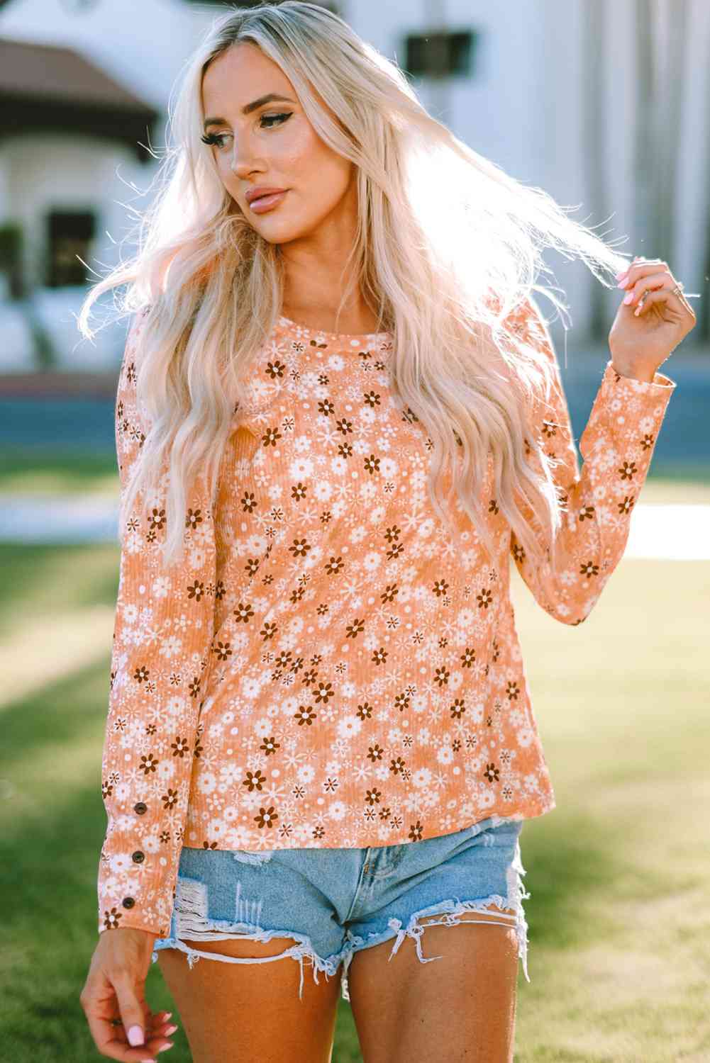 swvws Floral Print Round Neck Long Sleeve Tee