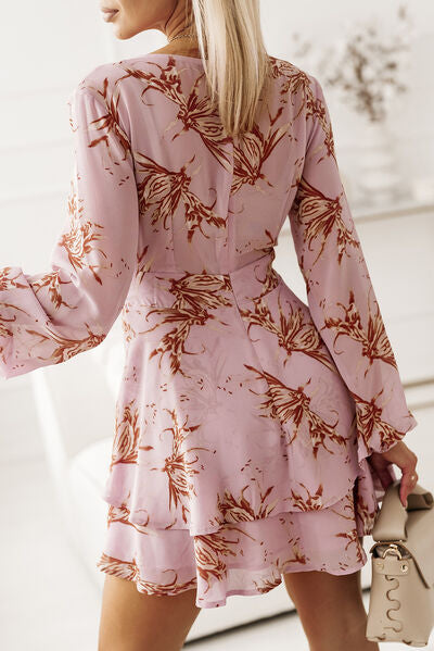 swvws Printed Surplice Balloon Sleeve Mini Dress