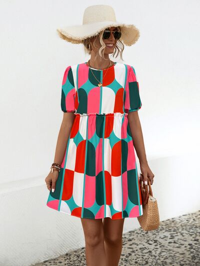 swvws Geometric Frill Round Neck Short Sleeve Dress