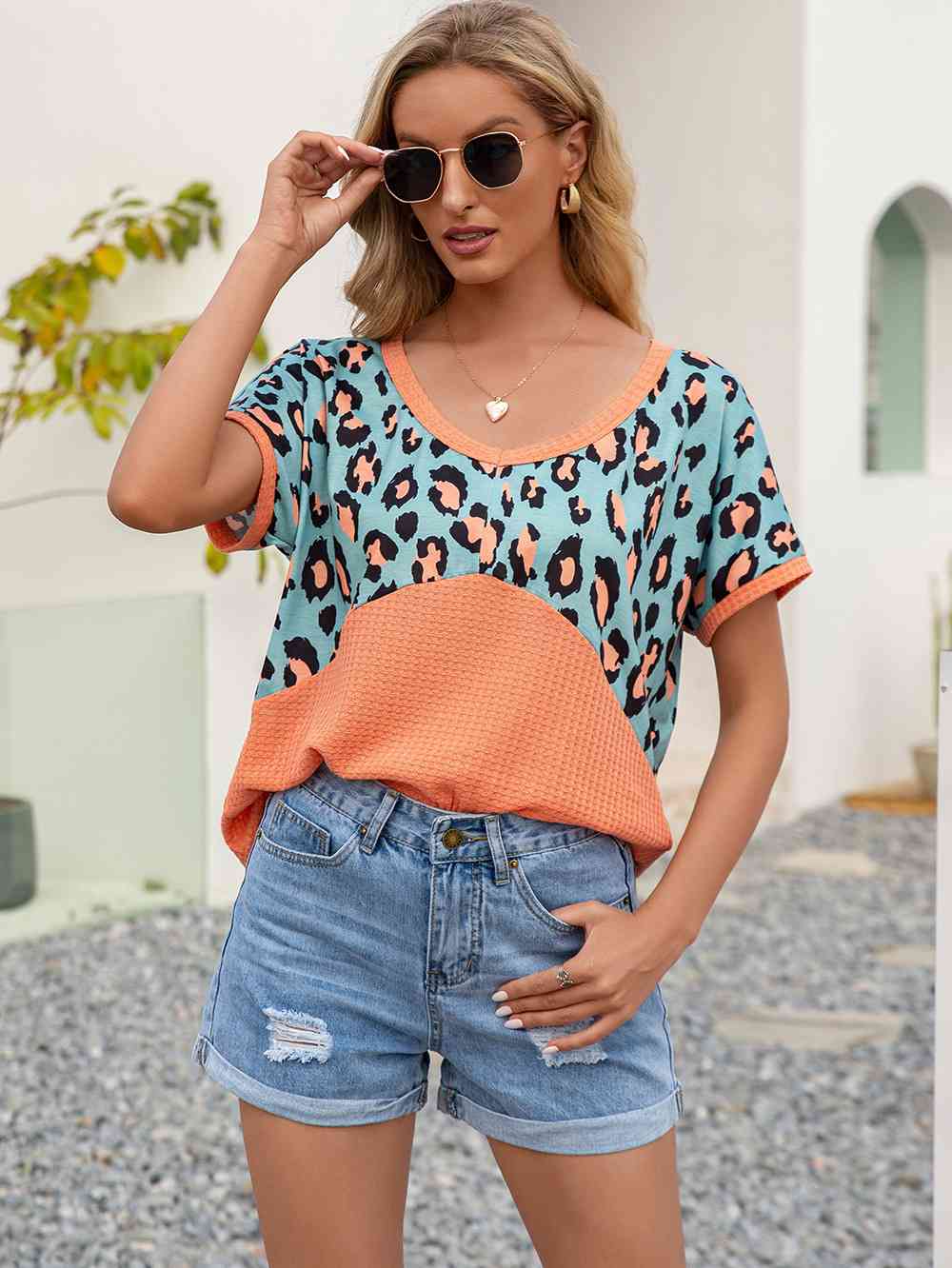 swvws Leopard Waffle-Knit Short Sleeve Top