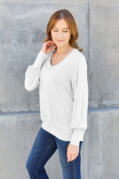 swvws Basic Bae Full Size V-Neck Lantern Sleeve Blouse