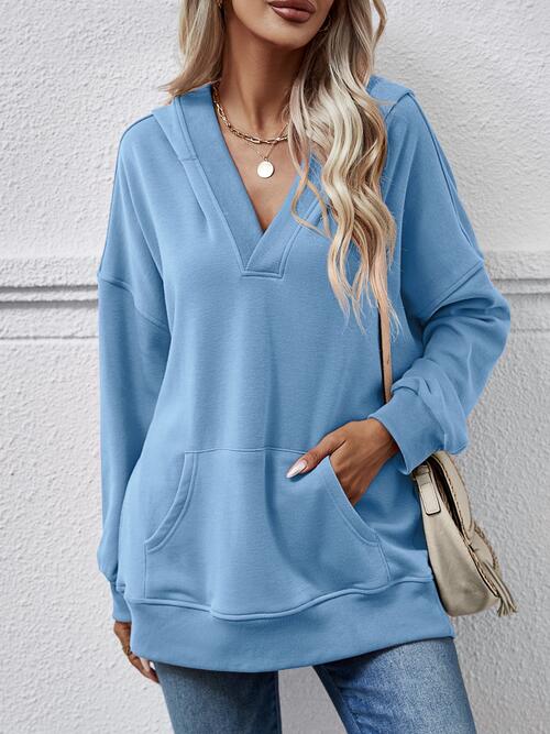 swvws V-Neck Drop Shoulder Long Sleeve Hoodie