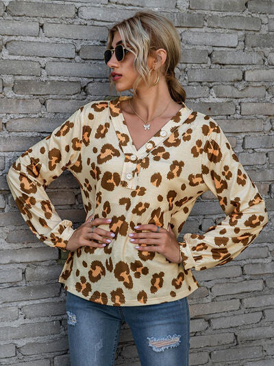 swvws Leopard V-Neck Decorative Button Long Sleeve Blouse